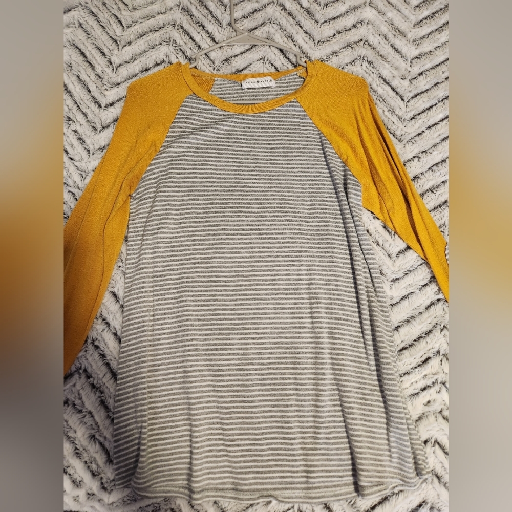 Mustard and gray and white striped shirt
